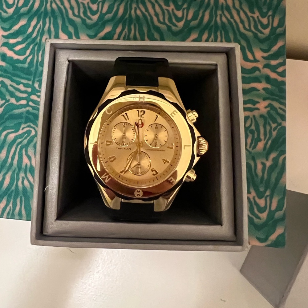 Black jelly band Gold Face Michele watch
